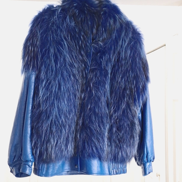 Blue Leather & Rabbit Fur Coat - Picture 1 of 12